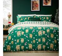 Olivia Rocco Christmas Duvet Cover Set Festive Bedding Quilt Cover Xmas with Pillowcases Reversible Design Easy Care Bed Linen Sets, Xmas Highland Cow Green, King