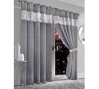 Olivia Rocco Diamante Blackout Eyelet Curtains With Tie Backs Black Out Thermal Ring Top Curtain Pair Window Dressing, 66" (Width) x 54" (Drop) Silver