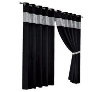 Olivia Rocco Diamante Blackout Eyelet Curtains With Tie Backs Black Out Thermal Ring Top Curtain Pair Window Dressing, 66" (Width) x 90" (Drop) Black