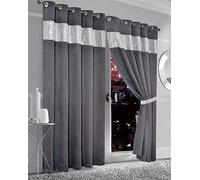 Olivia Rocco Diamante Blackout Eyelet Curtains With Tie Backs Black Out Thermal Ring Top Curtain Pair Window Dressing, 90" (Width) x 90" (Drop) Charcoal