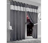 Olivia Rocco Diamante Blackout Eyelet Curtains With Tie Backs Black Out Thermal Ring Top Curtain Pair Window Dressing, 66" (Width) x 90" (Drop) Charcoal