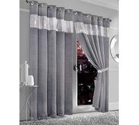 Olivia Rocco Diamante Blackout Eyelet Curtains With Tie Backs Black Out Thermal Ring Top Curtain Pair Window Dressing, 90" (Width) x 90" (Drop) Silver