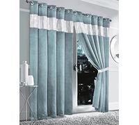 Olivia Rocco Diamante Blackout Eyelet Curtains With Tie Backs Black Out Thermal Ring Top Curtain Pair Window Dressing, 90" (Width) x 90" (Drop) Duck egg