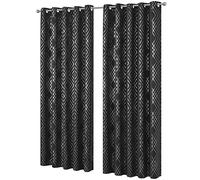 Olivia Rocco Geo Blackout Eyelet Curtains Metallic Printed Thermal Insulated Ring Top Black Out Curtain Pair Room Darkening Window Treatment For Living And Bedroom, Black 90 x 90