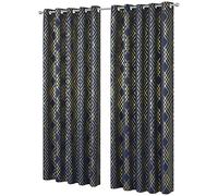 Olivia Rocco Geo Blackout Eyelet Curtains Metallic Printed Thermal Insulated Ring Top Black Out Curtain Pair Room Darkening Window Treatment For Living And Bedroom, Navy 55 x 72