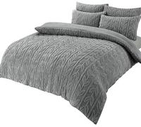 Olivia Rocco Leaf Teddy Fleece Duvet Cover Set Easy Care Quilt Bedding Sets with Pillow Case Thermal Warm Cosy Super Soft Fluffy Comforter Bed linens, King Grey