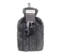Olivia Rocco Plain Faux Fur Hot Water Bottle with Pom Poms Thermotherapy Hotwater Plush Fleece Bottles Winter Gift, Charcoal