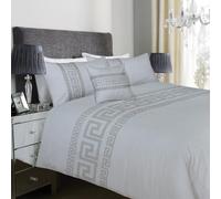 Olivia Rocco Ravenna Single Duvet Cover Sets, Cotton Rich Greek Key Embroidered Bedding Design Luxury Easy Care Quilt Cover set with Pillowcases, Silver/Grey Single