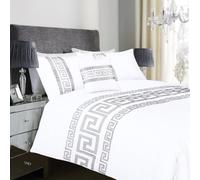 Olivia Rocco Ravenna Single Duvet Cover Sets, Cotton Rich Greek Key Embroidered Bedding Design Luxury Easy Care Quilt Cover set with Pillowcases, White/Grey Single