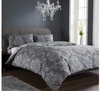 Olivia Rocco Royal Damask Duvet Cover Set Easy Care Quilt Covers With Pillowcases Cotton Rich Reversible Bedding Bed Linen Sets (Grey, Double)