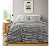 Olivia Rocco Ruched Duvet Cover Set with Pillowcases Ruffles Bedding Super Soft Easy Care Quilt Covers Bed Linen Sets, Grey Single