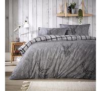 Olivia Rocco Stag Duvet Cover Set Cosy Highland Cotton Rich Quilt Covers Reversible Check Premium Bedding Bed Linen Sets, Single Grey