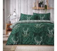 Olivia Rocco Stag Duvet Cover Set Cosy Highland Cotton Rich Quilt Covers Reversible Check Premium Bedding Bed Linen Sets, Double Emerald Green