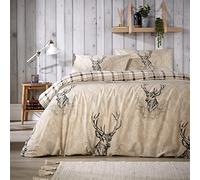 Olivia Rocco Stag Duvet Cover Set Cosy Highland Cotton Rich Quilt Covers Reversible Check Premium Bedding Bed Linen Sets, Single Natural