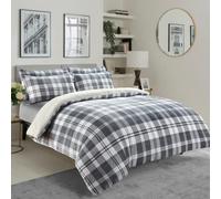 Olivia Rocco Teddy Fleece Duvet Cover Set Printed Super Soft Quilt Sets Check Stars Stag Design Warm Winter Bedding With Sherpa Reverse, King Check Grey
