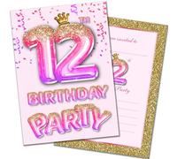 Olivia Samuel 20 Pack of 12th Birthday Invitations with Envelopes - Pink and Gold Glitter Effect - Ready to Write - Designed and Printed in the UK