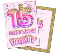 Olivia Samuel 20 Pack of 15th Birthday Invitations with Envelopes - Pink and Gold Glitter Effect - Ready to Write - Designed and Printed in the UK