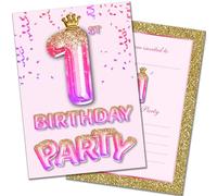 Olivia Samuel 20 Pack of 1st Birthday Invitations with Envelopes - Pink and Gold Glitter Effect - Ready to Write - Designed and Printed in the UK