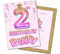 Olivia Samuel 20 Pack of 2nd Birthday Invitations with Envelopes - Pink and Gold Glitter Effect - Ready to Write - Designed and Printed in the UK