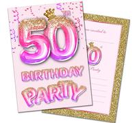 Olivia Samuel 20 Pack of 50th Birthday Invitations with Envelopes - Pink and Gold Glitter Effect - Ready to Write - Designed and Printed in the UK