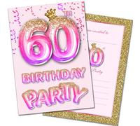 Olivia Samuel 20 Pack of 60th Birthday Invitations with Envelopes - Pink and Gold Glitter Effect - Ready to Write - Designed and Printed in the UK