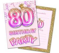Olivia Samuel 20 Pack of 80th Birthday Invitations with Envelopes - Pink and Gold Glitter Effect - Ready to Write - Designed and Printed in the UK