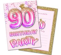 Olivia Samuel 20 Pack of 90th Birthday Invitations with Envelopes - Pink and Gold Glitter Effect - Ready to Write - Designed and Printed in the UK
