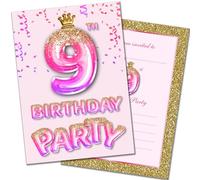Olivia Samuel 20 Pack of 9th Birthday Invitations with Envelopes - Pink and Gold Glitter Effect - Ready to Write - Designed and Printed in the UK
