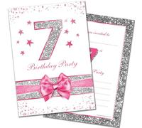 Olivia Samuel 20 x 7th Birthday Party Invitations from Pink Sparkly Design and Photo Effect Silver Glitter - A6 Postcard Size with envelopes