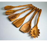 OLIVIKO 100% Olive Wood HANDMADE 6 Spoon Set | Ideal for Nonstick Cookware & Kitchen Utensils | Cooking, Baking & Serving | Eco-friendly & Handmade | 2 Spatulas, 3 Spoons & spaghetti server. BPA free