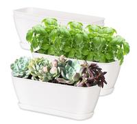 Oliz 4-Piece White Rectangular Window Sill Planters with Drainage Holes and Trays (11 Inches) for Basil, Orchids, and Succulents Modern Herb Garden Planters Suitable for Indoor/Outdoor Plants