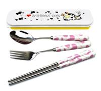 OLizee® Cute Creative Cow Pattern Design Flatware Set of 3 Ceramics Handle Stainless Steel Spoon Fork Chopsticks for Traveling Portable Lovely Animals Korean Tableware Set (Pink)