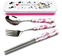 OLizee® Cute Creative Cow Pattern Design Flatware Set of 3 Ceramics Handle Stainless Steel Spoon Fork Chopsticks for Traveling Portable Lovely Animals Korean Tableware Set (Pink)
