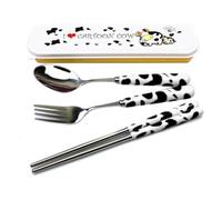 OLizee® Cute Creative Cow Pattern Design Flatware Set of 3 Ceramics Handle Stainless Steel Spoon Fork Chopsticks for Traveling Portable Lovely Animals Korean Tableware Set (Black)