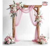 Ollanoos 2 PCS Pink Soft Sheer Backdrop Curtains for Wedding Arch, Blush Pink Chiffon Draping Fabric 75x600cm with Pink Fishtail Tulle Ribbon 5m, for Ceremony, Party, and Home Decor