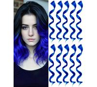 Olldag 10 Pieces Blue Clip in Hair Extensions Curly Wavy Synthetic Hair Rainbow Neon Party Highlights Colorful Hair Accessories for Kids Girls Women 17 Inch