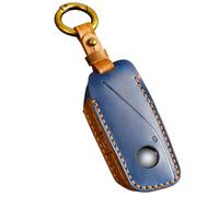 OLLEN Screws-Free Genuine Leather Key Fob Cover Fit for BMW 2023 2024 New 5/7 Series 740i 760i X1 X5 X6 X7 XM IX IX3 I5 I7 etc, with Key Ring, Blue