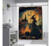 OLLIAR Home Halloween Shower Curtains Scary Night Witch Pumpkin Full Moon Haunted House Bathroom Curtain Polyester Fabric Waterproof Bath Curtain with Hooks 100x200cm