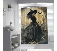 OLLIAR Home Halloween Witch Shower Curtain Waterproof Full Moon Haunted House Spooky Night Gothic Vintage Bathroom Decor Set with Hooks 180x200cm