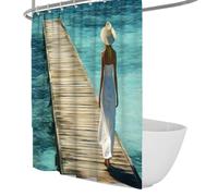 OLLIAR Home Seaside Vacation Shower Curtain Turquoise Ocean & Wooden Bridge Walk Art Decorative Bath Curtain Washable Bathroom Curtain with Hooks 220x200cm