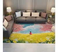 OLLIAR Home Watercolor Aesthetic Art Deco Rugs 80x150cm Cherry Blossom Tree Yellow Field Design Floor Mats Washable Low Pile Easy Clean Carpet for Living Room