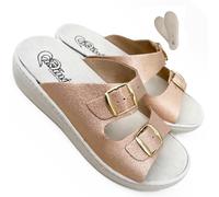 OLLIE TRICK Women's Slippers Comfort Removable Footbed and Double Adjustment Buckle CRIST1NA Fabric and Leather, Bright Bronze, 4 UK