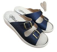 OLLIE TRICK Women's Slippers Comfort Removable Footbed and Double Adjustment Buckle CRIST1NA Fabric and Leather, Bright Blue, 8.5 UK