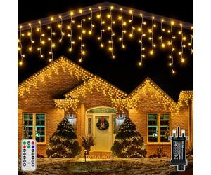 Ollny Icicle Outdoor Christmas Lights, 10M 400 LED Waterproof Hanging Fairy Light, Plug/Remote/8 Modes/Timer/Connectable Warm White String Light, Lighting Outside Gutter House Roof Xmas Decorations