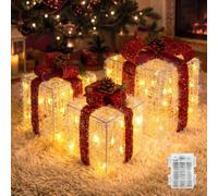 Ollny Set of 3 Light Up Gift Boxes, Warm White LED Xmas Decor, Red Bows | Battery Powered with 8 Lighting Modes, 6H/18H Timer and Foldable Design for Tree, Stairs, Fireplace and Living Room