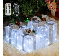 Ollny Set of 3 Light Up Present Boxes Mains Powered, 60 LEDs Christmas Decorations Parcels Lights with Plug 8 Modes Timer, Cool White Lighting Gift Box for Indoor Xmas Tree Fireplace Home Decor