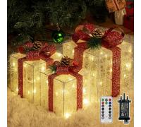 Ollny Set of 3 Light Up Present Boxes Mains Powered, 60 LEDs Christmas Decorations Parcels Lights with Plug 8 Modes Timer, Warm White Lighting Gift Box for Indoor Xmas Tree Fireplace Home Decor