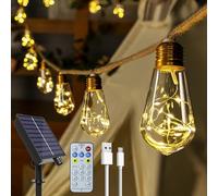 Ollny Solar Lights Outdoor Garden 6m Hemp Rope Festoon Light with Remote, USB Fairy String with 16 S17 Shatterproof Bulbs 160 LEDs 8 Modes, Waterproof Lighting for Outside Gazebo Patio Party Decor
