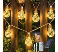 Ollny Solar Lights Outdoor Garden 8m Hemp Rope Festoon Light with Remote, USB Fairy String with 16 ES Shatterproof Bulbs 160 LEDs 8 Modes, Waterproof Lighting for Outside Gazebo Patio Party Decor