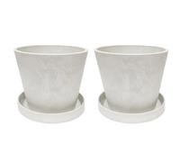 Olly & Rose Artstone Cloudy White Pack 2 with Saucers - 17cm Medium Plant Pots Outdoor and Indoor - White Planters - Flower Pots
